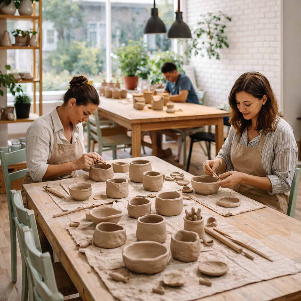 Keramikundervisning i lyst værksted i Birkerød med deltagere der arbejder med håndbygning i ler