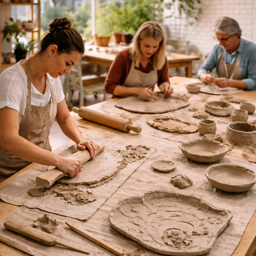 Keramikkursus i Birkerød med voksne deltagere der former ler i roligt værkstedsmiljø