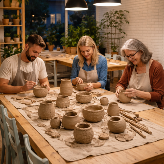 Aftenhold i keramikværksted i Birkerød med deltagere der arbejder kreativt med ler