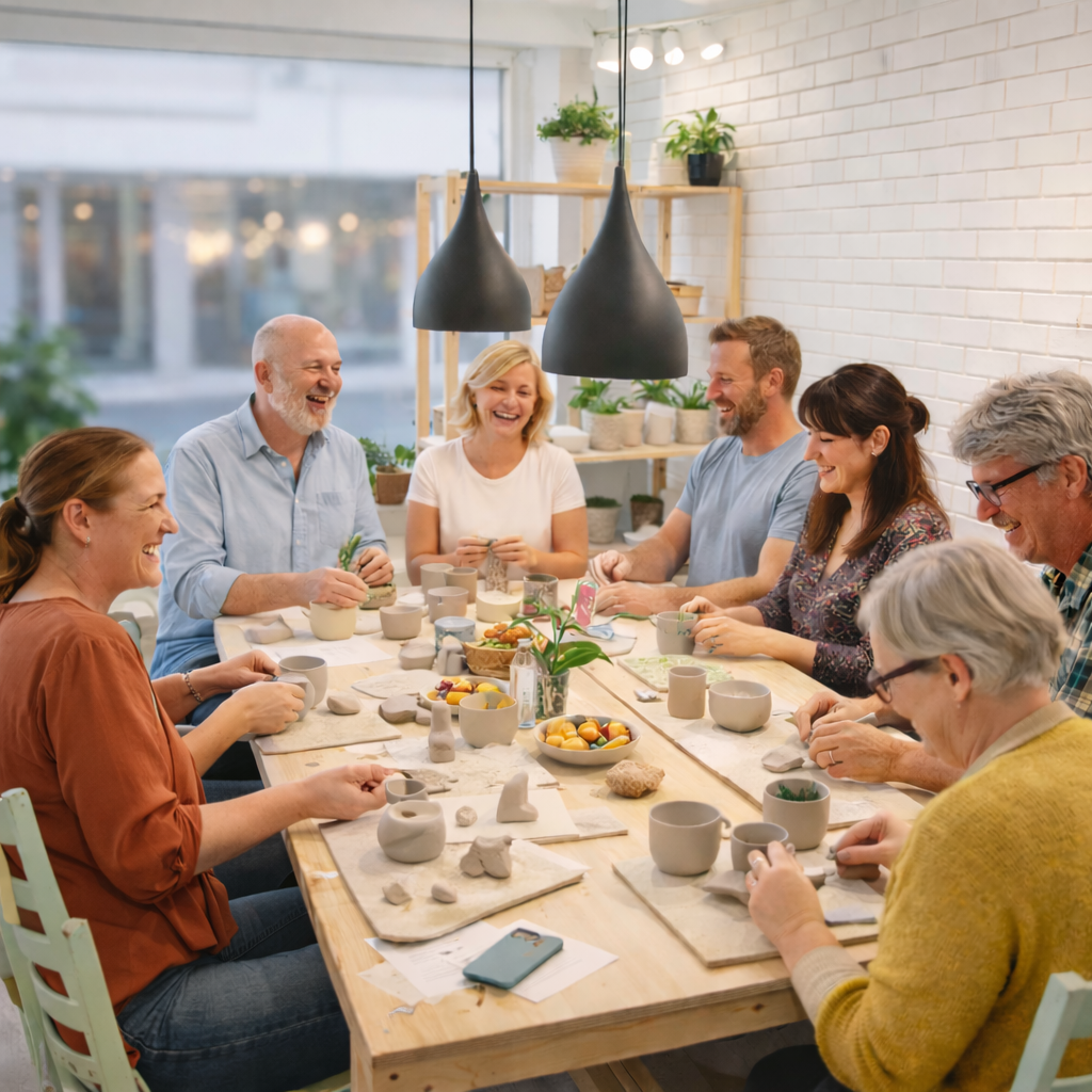 Privat keramikworkshop hos harpa.form med gruppe der arbejder med ler i værksted
